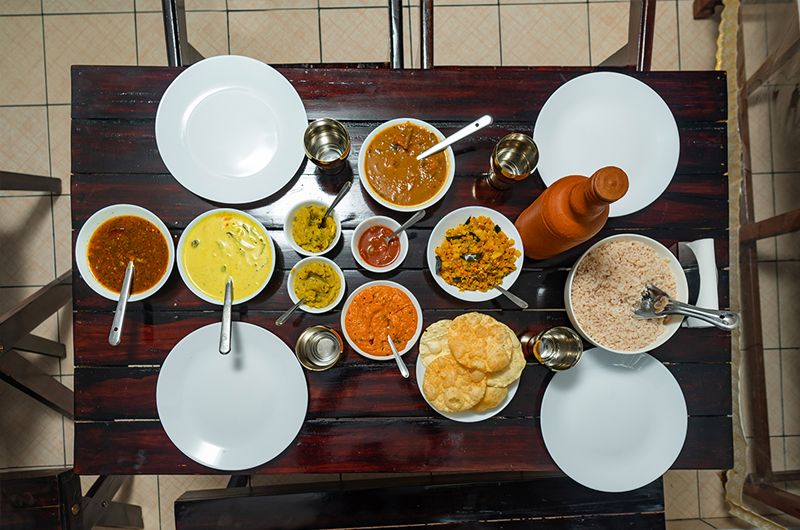 Traditional Kerala food served at Babira Brookside Heritage Resort Kumarakom
