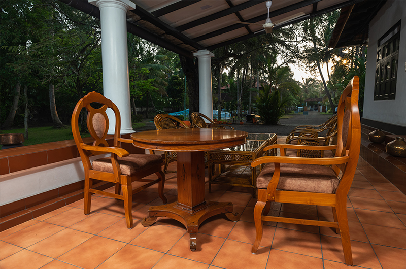 Sitout area of Babira Brookside Heritage Resort Kumarakom with traditonal look