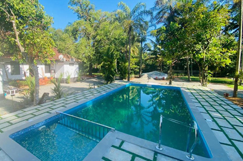 Swimming pool area of Babira Brookside Heritage Resort Kumarakom with calm green views