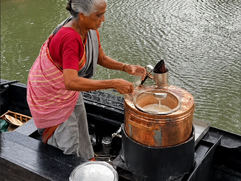 Shantamma preparing hot tea aboard her floating tea stall boat in Kumarakom Kerala