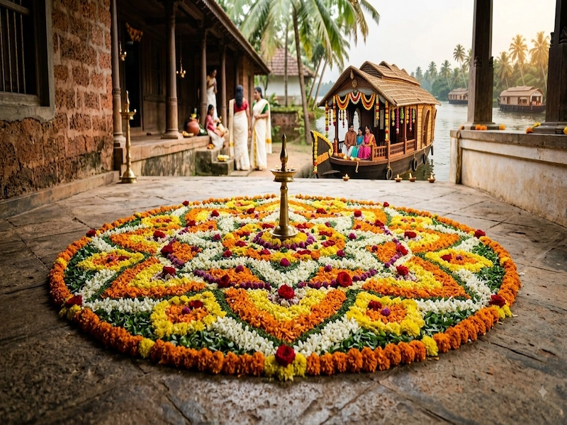 Traditional pookalam floral carpet arrangements and lighted lamp during Onam festival celebrations in Kumarakom Kerala